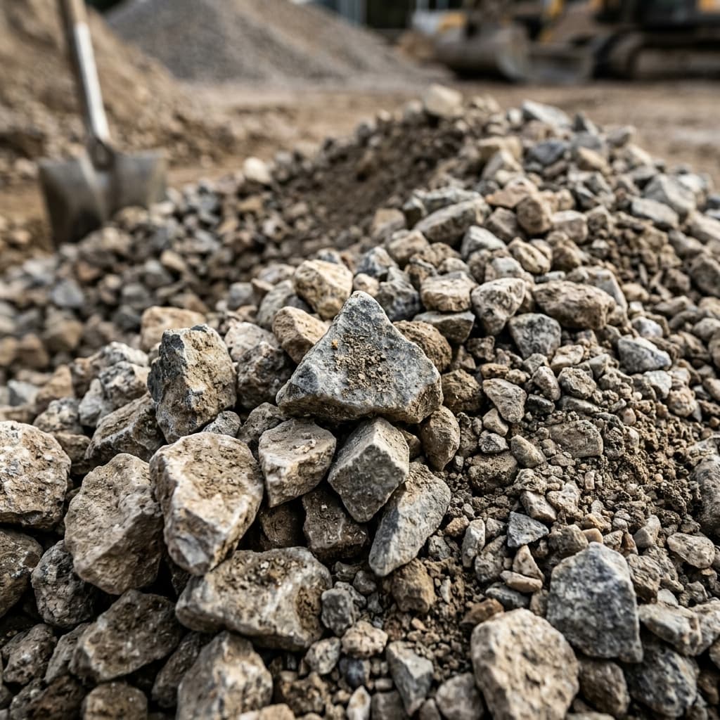 Quality construction materials including gravel and sand aggregates laying on a building site