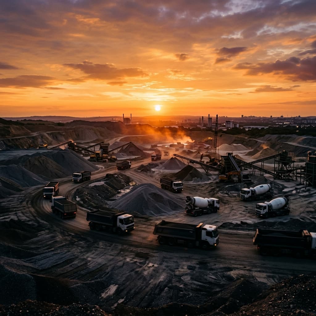 Active construction site operating at sunset showcasing reliability