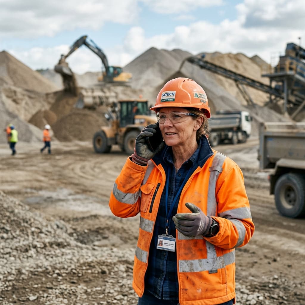 Site foreman managing construction material delivery with a phone call